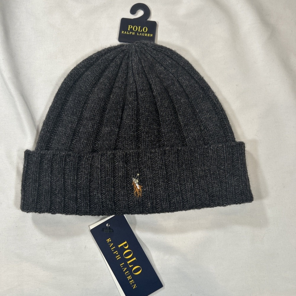 Polo Ralph Lauren Mens Signature Cuffed Beanie Ribbed‎ Dark Gray Wool Blend New